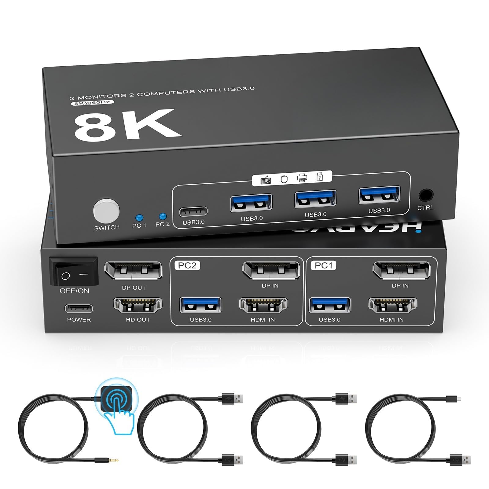 Commutateur KVM 2 moniteurs 2 ordinateurs, HDMI + DisplayPort, 8K @ 60Hz