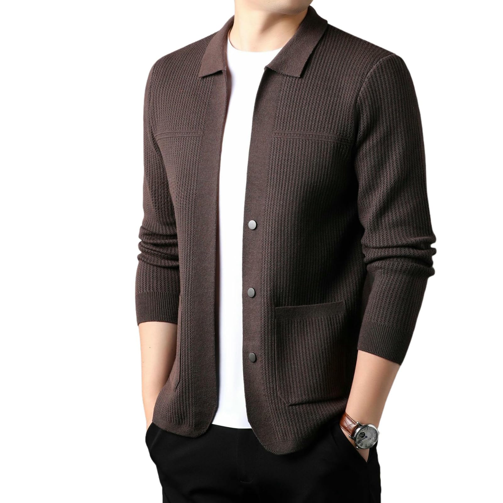 Cárdigan de manga larga con solapa para hombre chaqueta de punto liso 7