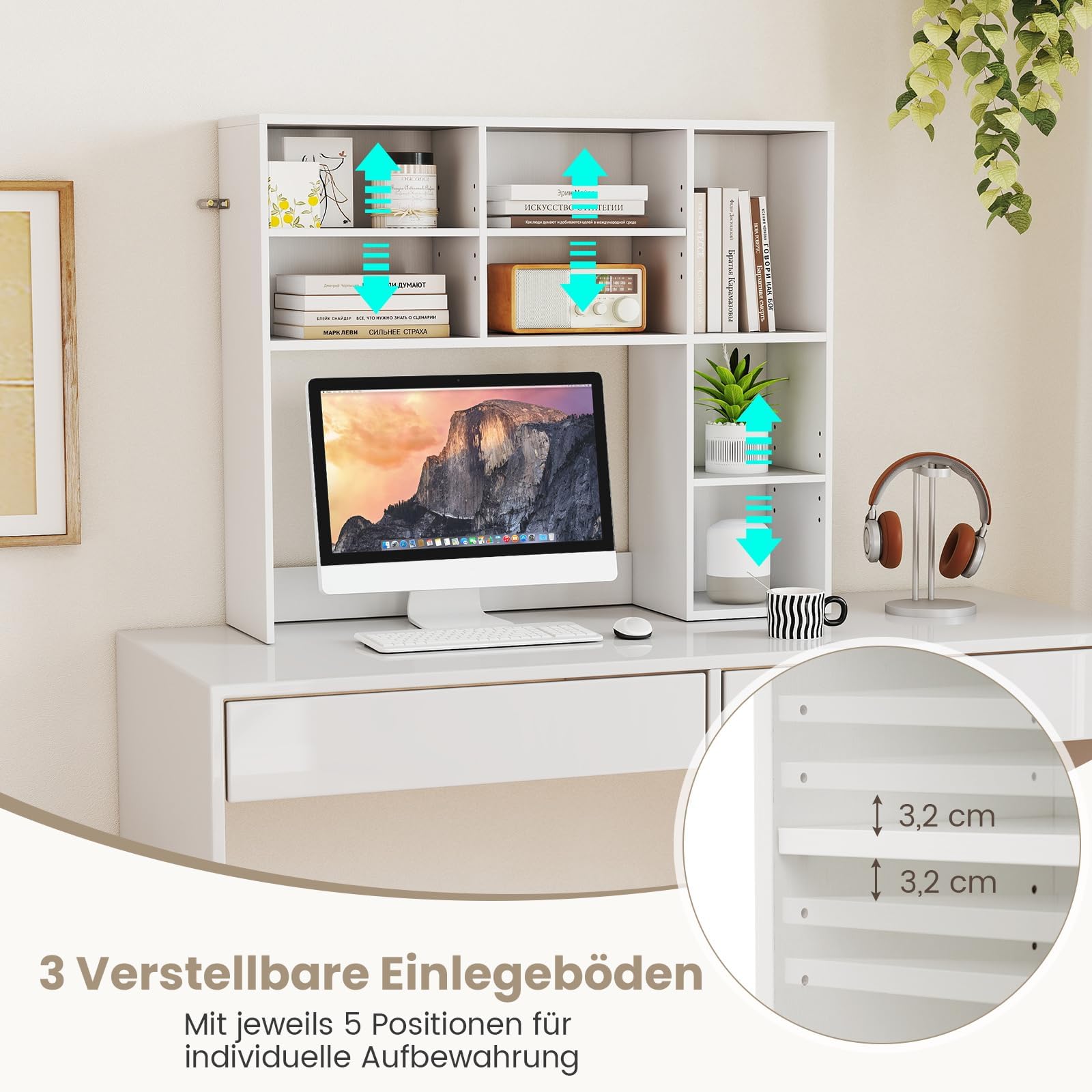 FANTASK Tischregal mit 7 Fächern, Bücherregal, Schreibtisch Aufsatzregal für Monitore bis zu 27", Aufbewahrungsorganizer, Schreibtischregal für Arbeitsplatte, 94 x 25 x 79 cm (Weiß)