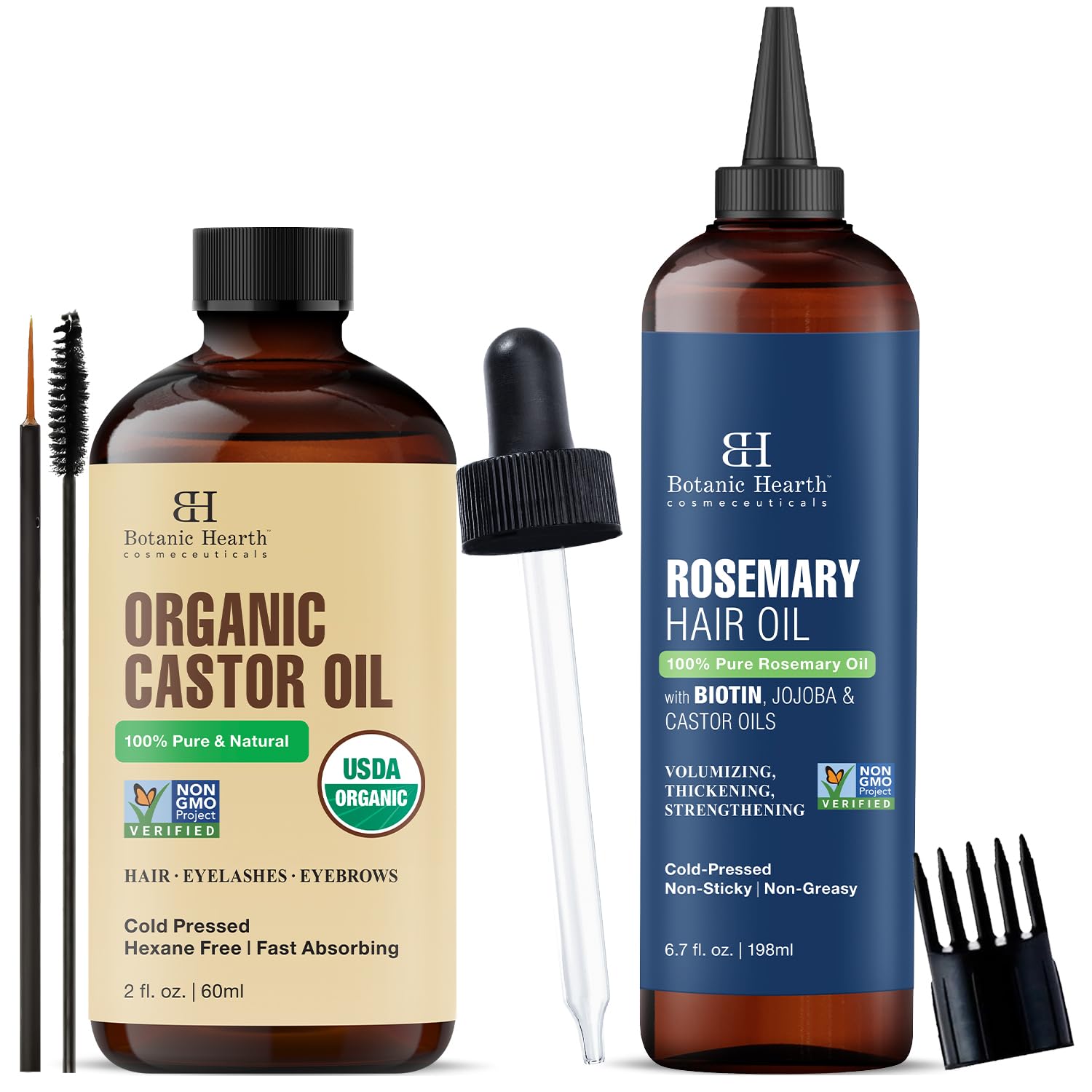 Botanic Hearth Castor Hair Oil 2 fl oz + Rosemary Hair Oil with Biotin, Castor & Jojoba 6.7 fl oz – Nourishing Hair & Scalp Care Combo – Lightweight, Color Safe