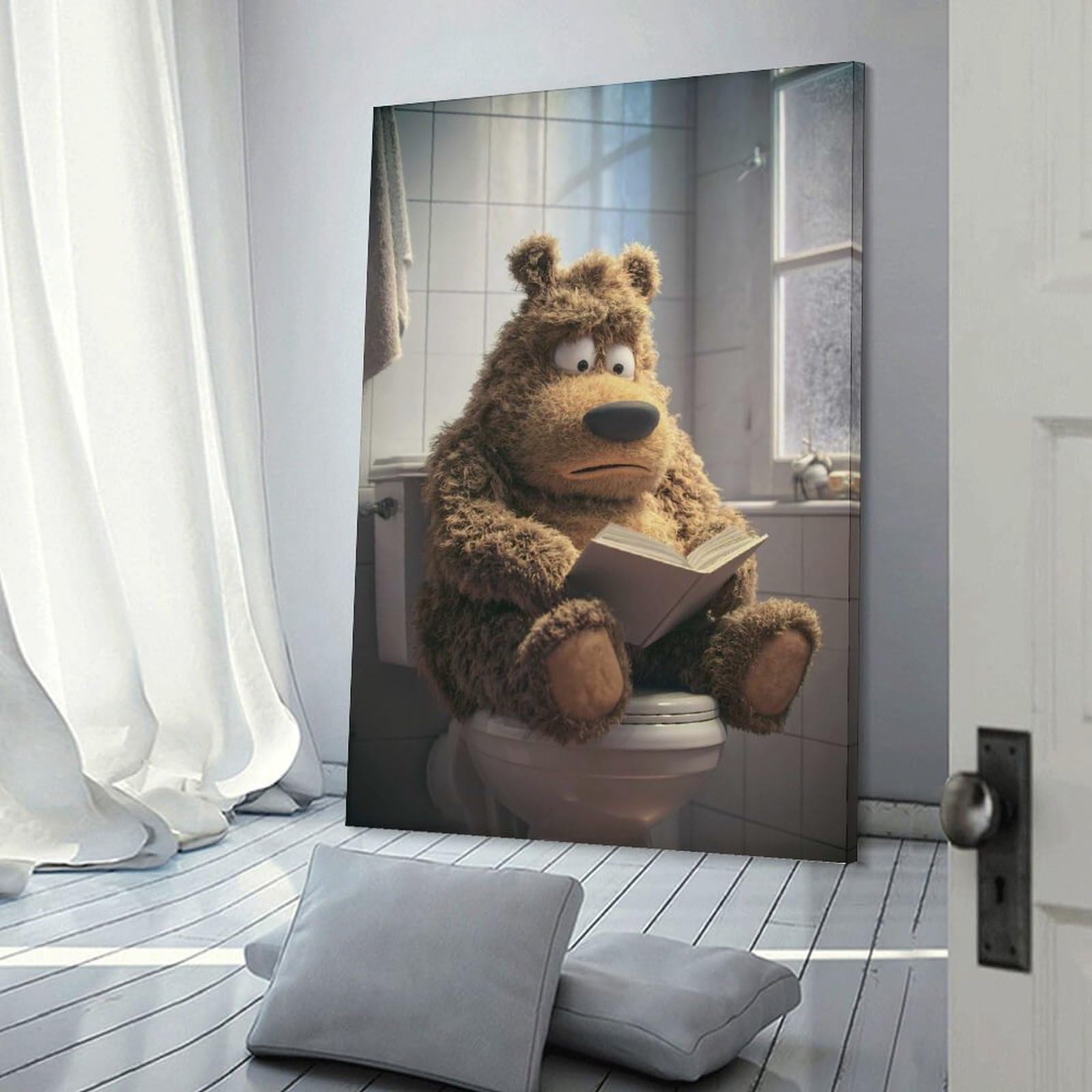 Junmoney Bear Reading on Toilet Decorative Wall Artwork, 12x18inch(30x45cm), for Home Lounge, Bedroom Or Reading Nook, Easy Decor for Gallery Walls