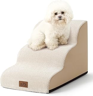 COZYKISS Dog Stairs for Small Dogs 15.7"H - Curved 3-Step Pet Ramp for Puppies, Older Cats, Sofa Couch with High-Density Foam, 80lbs Support, Beige