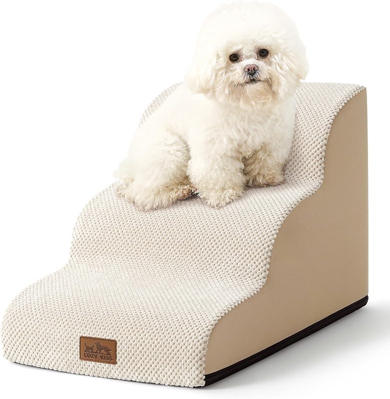 COZY KISS Dog Stair for Small Dog 15.7" H, 3 Step Pet Ramp for Couch | Curved Stable Dog Step for Puppy, Older Cat, Senior, Medium, Short-Legged Dog, Non-Slip Ladder, 15.7x22.4x15.7 inch, Beige