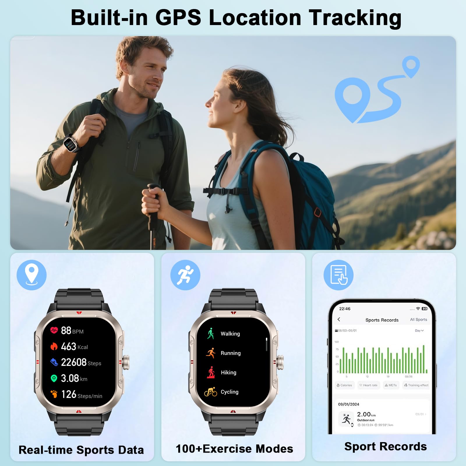 GPS Smartwatch Uomo Donna, 2.06" HD Orologio Smartwatch con Chiamate Bluetooth, Cardiofrequenzimetroi/Sonno/SpO2/Contapass, 100+ Sportive Smart Watch, IP68 Impermeabil Fitness Tracker per iOS Android