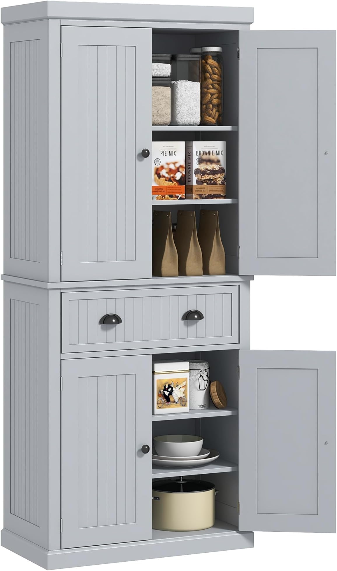 HOMCOM 183cm Tall Kitchen Cupboard, Kitchen Pantry Cabinet with Drawer, 3 Adjustable Shelves and 4 Doors, Freestanding Storage Cabinet for Dining Room, Living Room, Grey