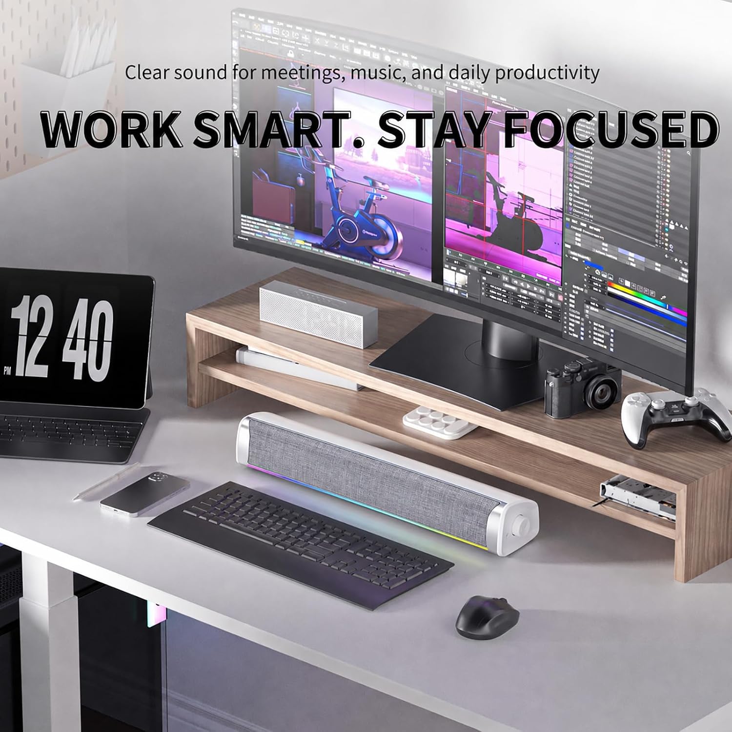 Computer Speakers for Desktop PC, 4-Driver Gaming Soundbar with 12 RGB Light Mode, USB/USB-C Powered PC Speakers with Mic&Headphone Jack for Monitor, Laptop, Plug and Play Sound bar, White