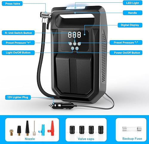 Miniatura 2 de FBK Inflador de neumáticos, compresor de aire portátil, bomba de aire para neumáticos de automóvil, accesorios de automóvil, bomba automática de 12