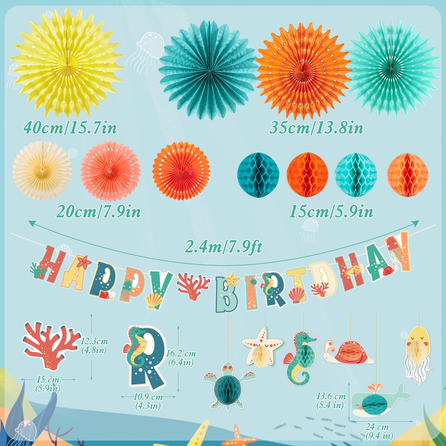 Under the Sea Party Decorations Happy Birthday Banner Paper Fans Ocean Sea Animal Honeycomb with Coral Starfish Sea Turtles Ocean Birthday Decorations Hanging Sea Creature Decoration for Party