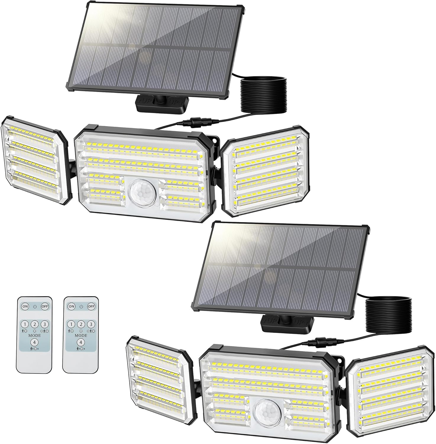 Luz Solar Exterior con Sensor de Movimiento, Focos LED Solares con Control Remoto 4 Modos 2000mAh IP67 Impermeable, Lampara Solar Exterior para Jardín, 2 Piezas