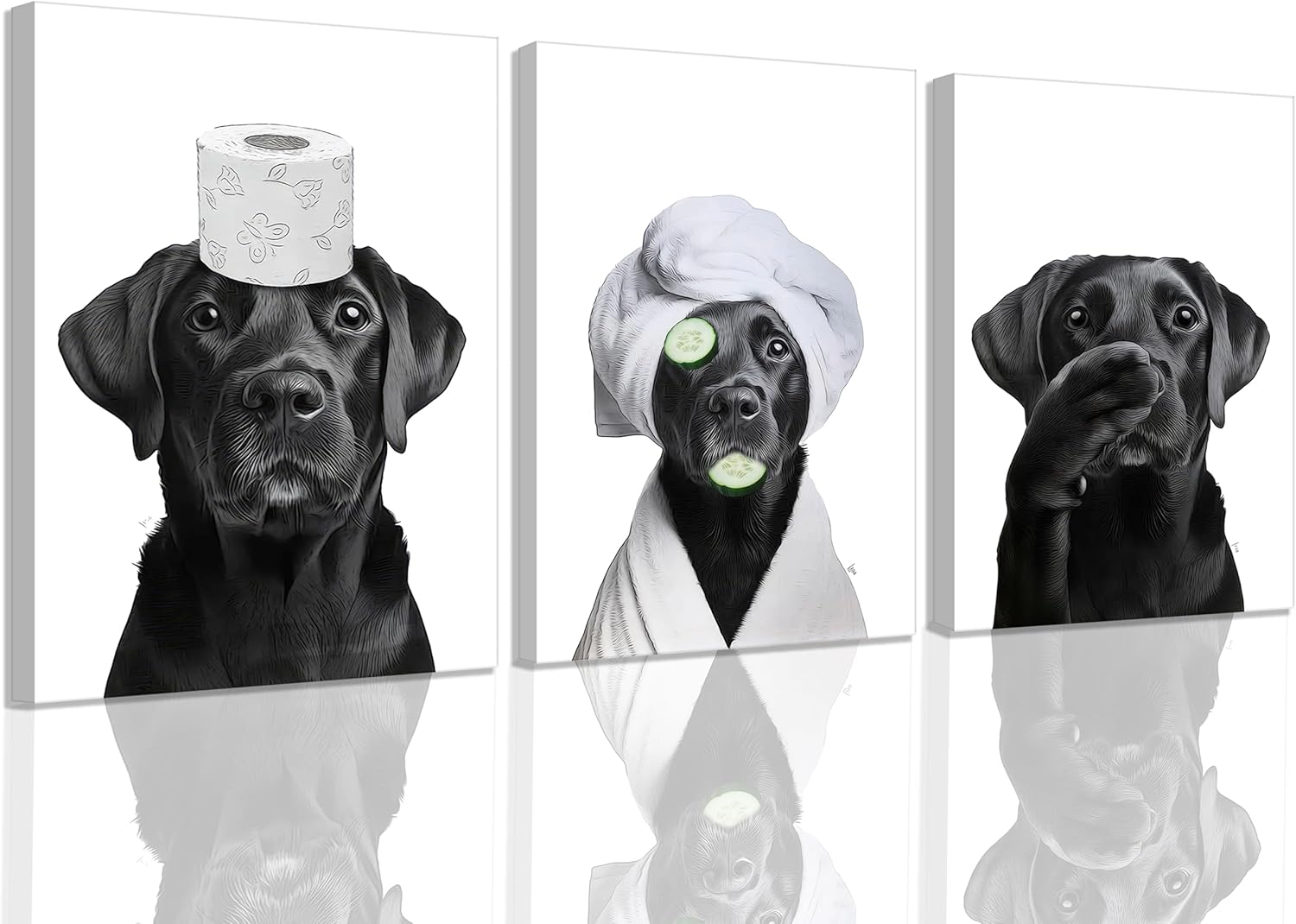 MALEDO 3Pcs Black Labrador Dog Bathroom Canvas Wall Art Cute Animal Black and White Picture Painting Wall Decor Funny Toilet Paper Poster Print Artwork for Restroom Washroom Toilet Home Decor, Framed Labrador Canvas 24L''x16W''