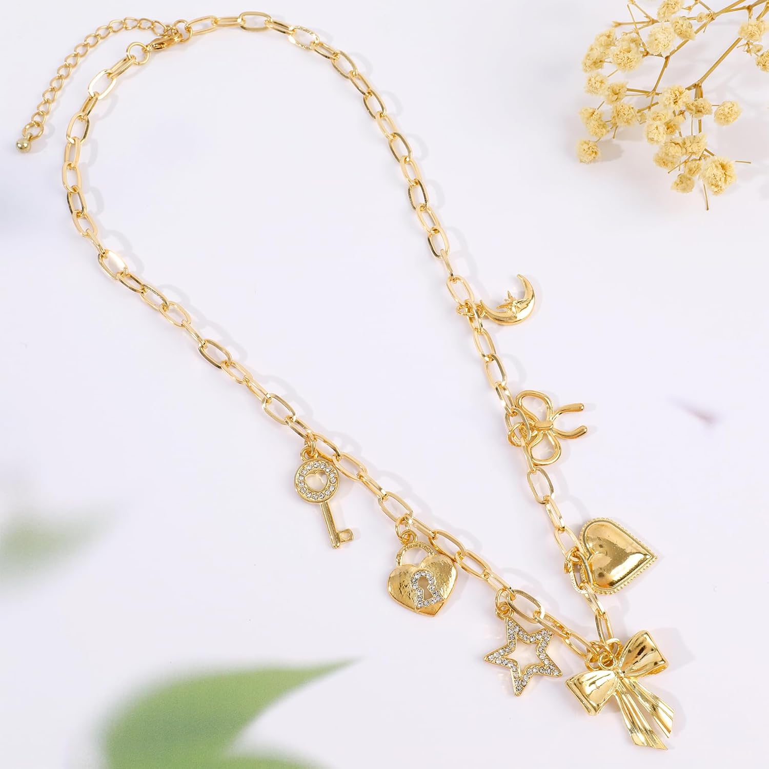 NEKOL Gold Bow Charm Necklace for Women 14K Gold Plated Bowknot Necklace with Cute Dangle Bow Tie Ribbon Cubic Zirconia Love Heart Lock Key Moon Star Pendant Adjustable Trendy Y2K Party Jewelry Gift - Image 4