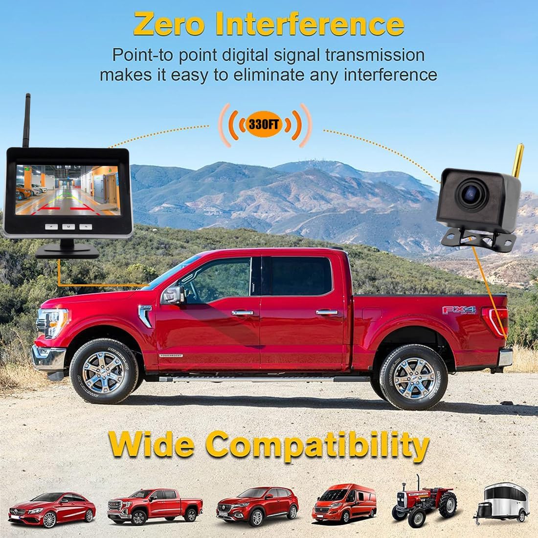 4.3-inch AHD IPS Monitor Mini Vehicle 720P Digital Wireless Backup Camera System IP69K Waterproof Wireless Reversing Camera Dash Camera for Truck Bus RV Trailer Car Truck Semi-Trailer