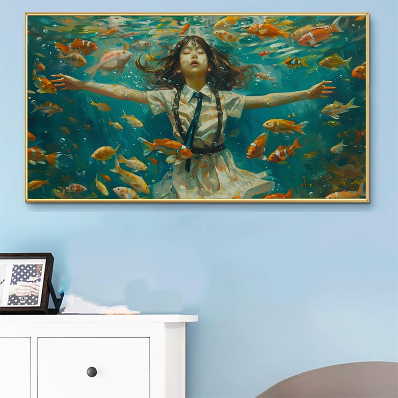 Malen Nach Zahlen Erwachsene Frau Malen Nach Zahlen Fisch DIY Paint by Numbers für Anfänger Mit 3-Pinseln und Acrylfarbe, Ohne Rahmen, Malen-Nach-Zahlen Set für Wand Deko Wohnzimmer 90x180cm RB-613