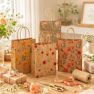 4Pcs Floral Print Paper Gift Bags, Portable Handheld Tote Bags, Decorative Packaging Bags for Birthday Party, Gift Wrapping, Party Favors & Daily Use