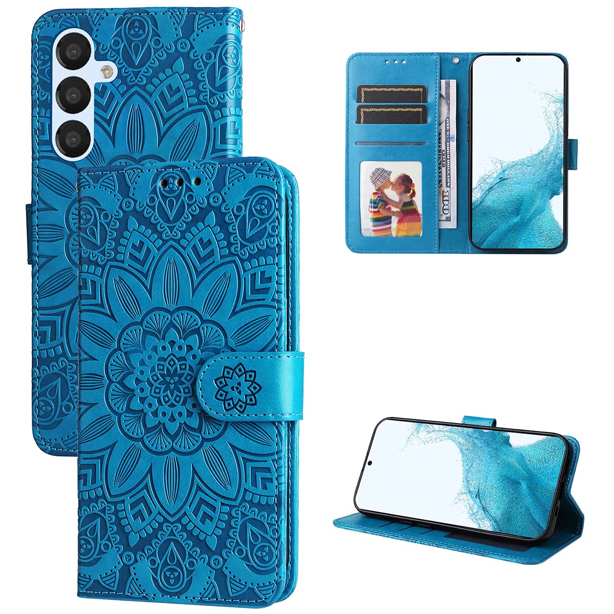 MonwutongWallet Phone Case for Samsung Galaxy A54 5G, Sunward Flower Embossing Shockproof PU Leather Case with Magnetic Clasp and Cash Card Slots Holster for Galaxy A54 5G, XYH Blue