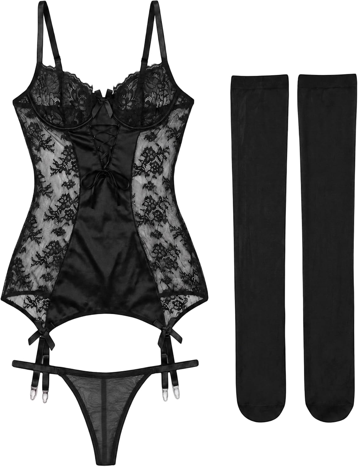 Women’s Lace Lingerie Set – Lace-Up Bustier Slip Dress Chemise with Thong & Stockings, Sexy Nightwear for Women image 5