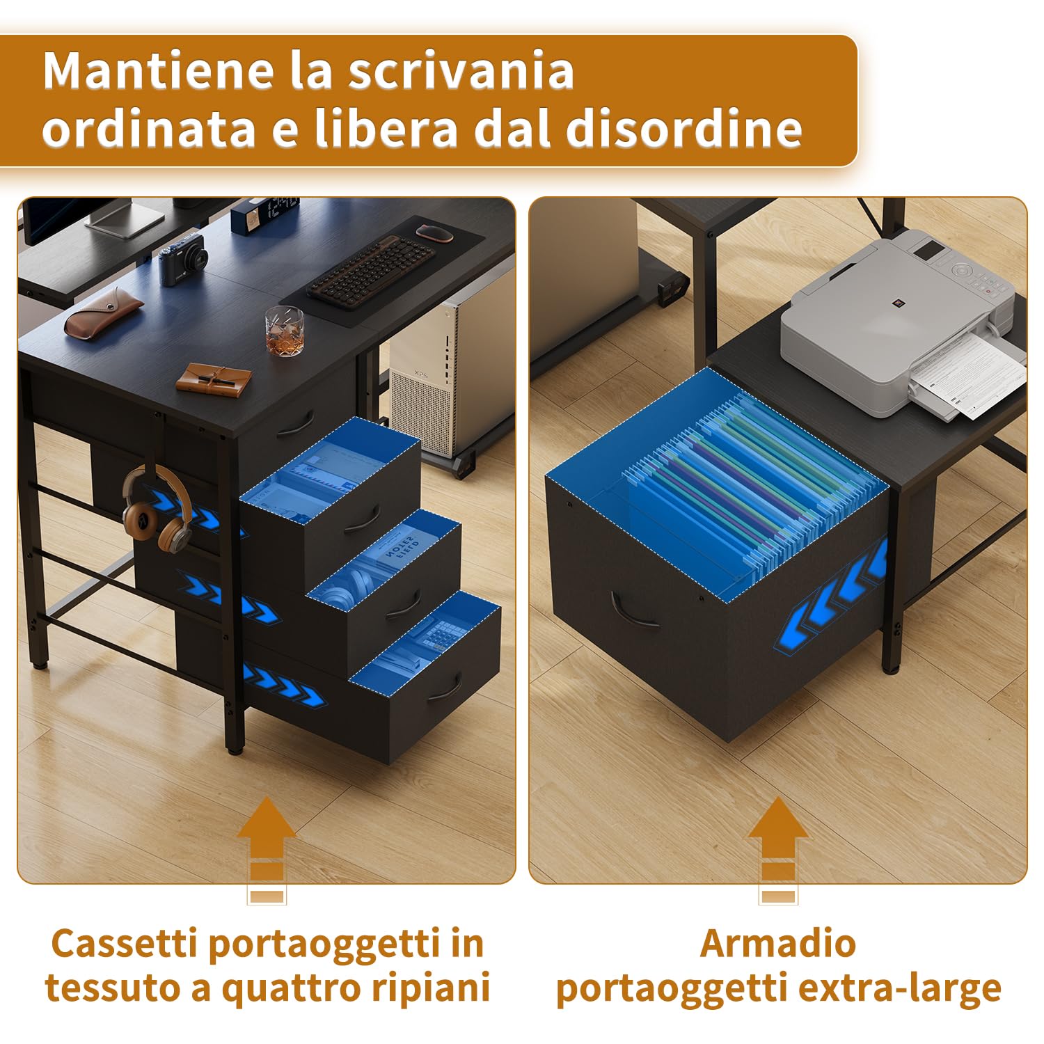 Devoko Scrivania Gaming Angolare 139x120 cm LED/Prese Nero | Tavolo gaming con 3 cassetti in tessuto e supporto monitor, Ideale per casa e ufficio