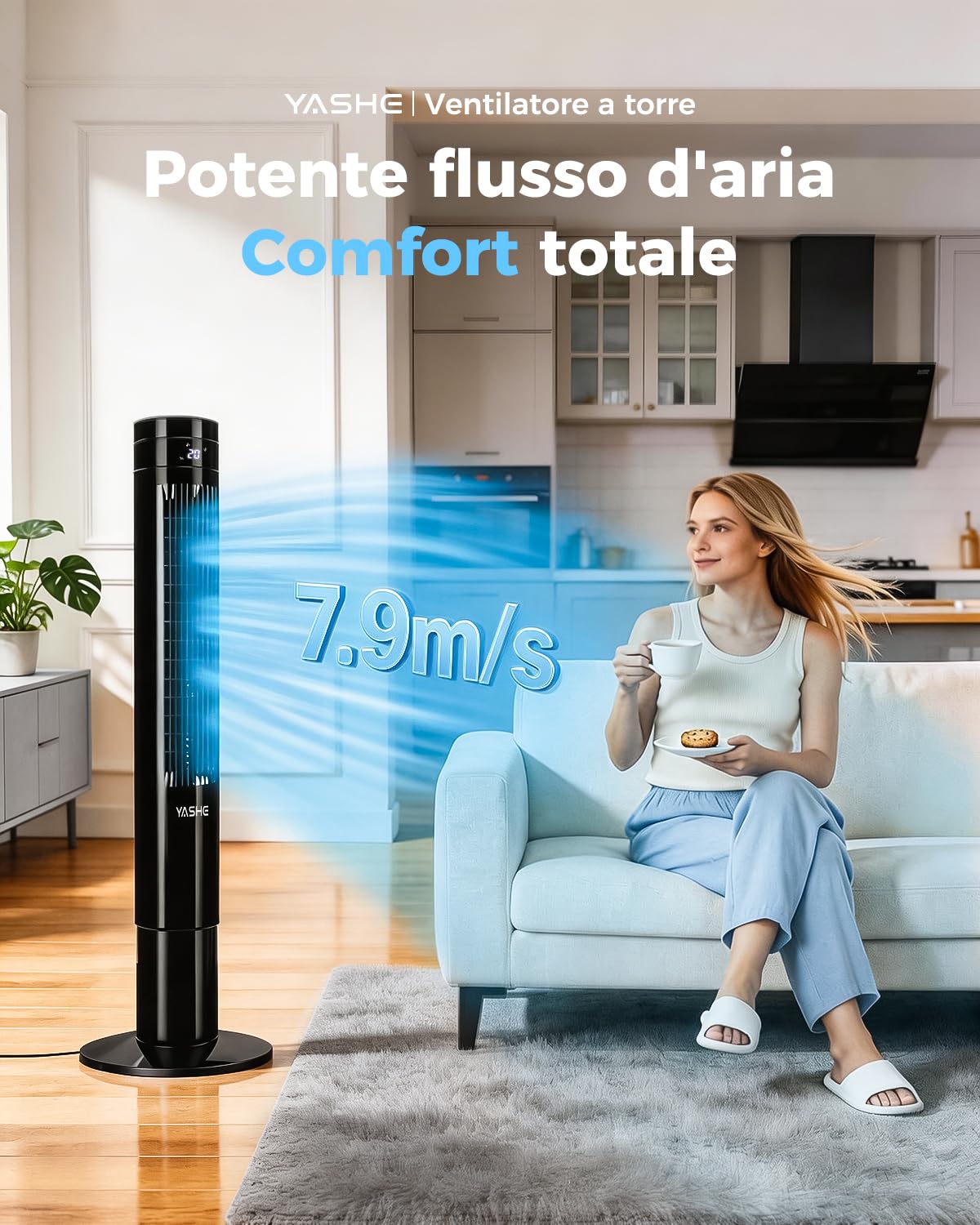 YASHE Ventilatore a torre 110 cm silenzioso con telecomando, 28 dB senza pale, oscillazione 85°, timer 12h, 3 modalità e 3 velocità, LED, per camera da letto, soggiorno e ufficio