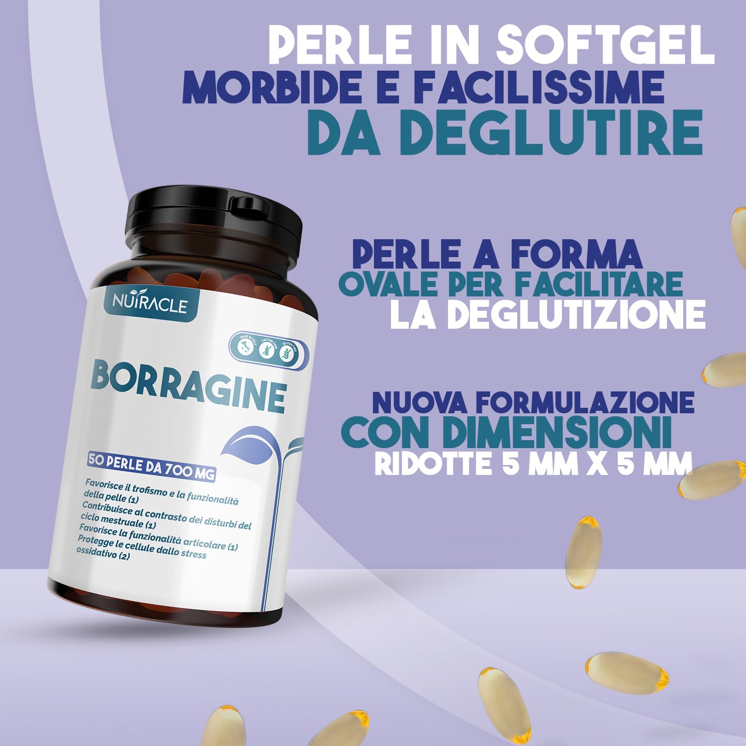 Nutracle Borragine perle da 700 mg Integratore per pelle e capelli - Olio di Borragine ricco di Acido Gamma Linoleico (GLA 20% Omega 6) Disturbi ciclo mestruale, acne (50 perle (confezione da 1))
