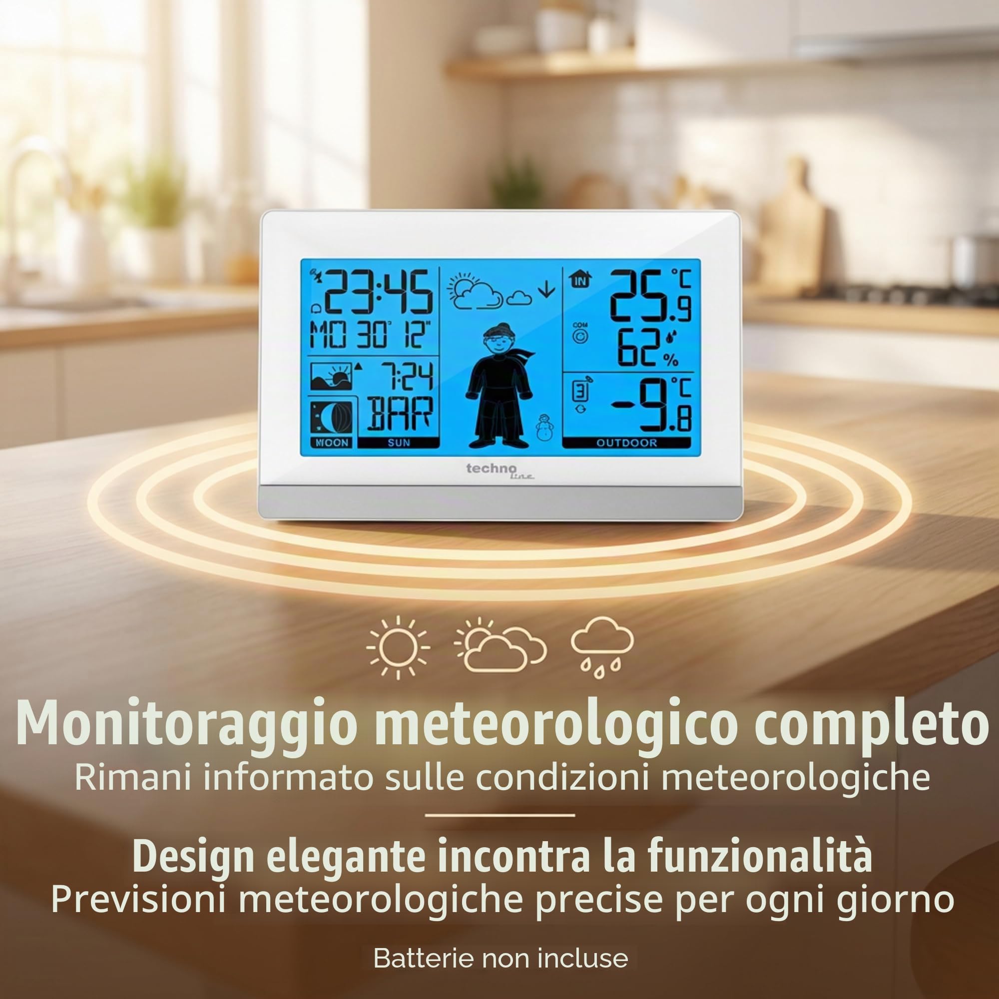 Technoline WS9612 in bianco, con temperatura interna ed esterna, previsioni meteo, orologio radio