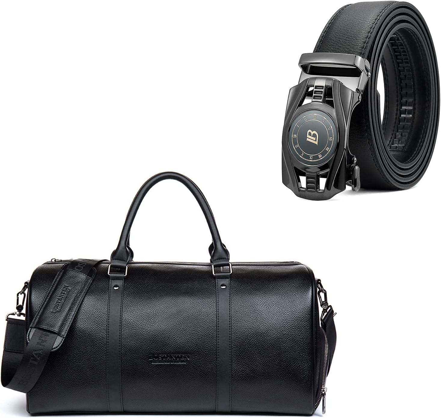 BOSTANTEN Genuine Leather Travel Weekender Overnight Duffel Bag Gym Sports Duffle Bags For Men and Men's Leather Ratchet Dress Belt with Automatic Sliding Buckle