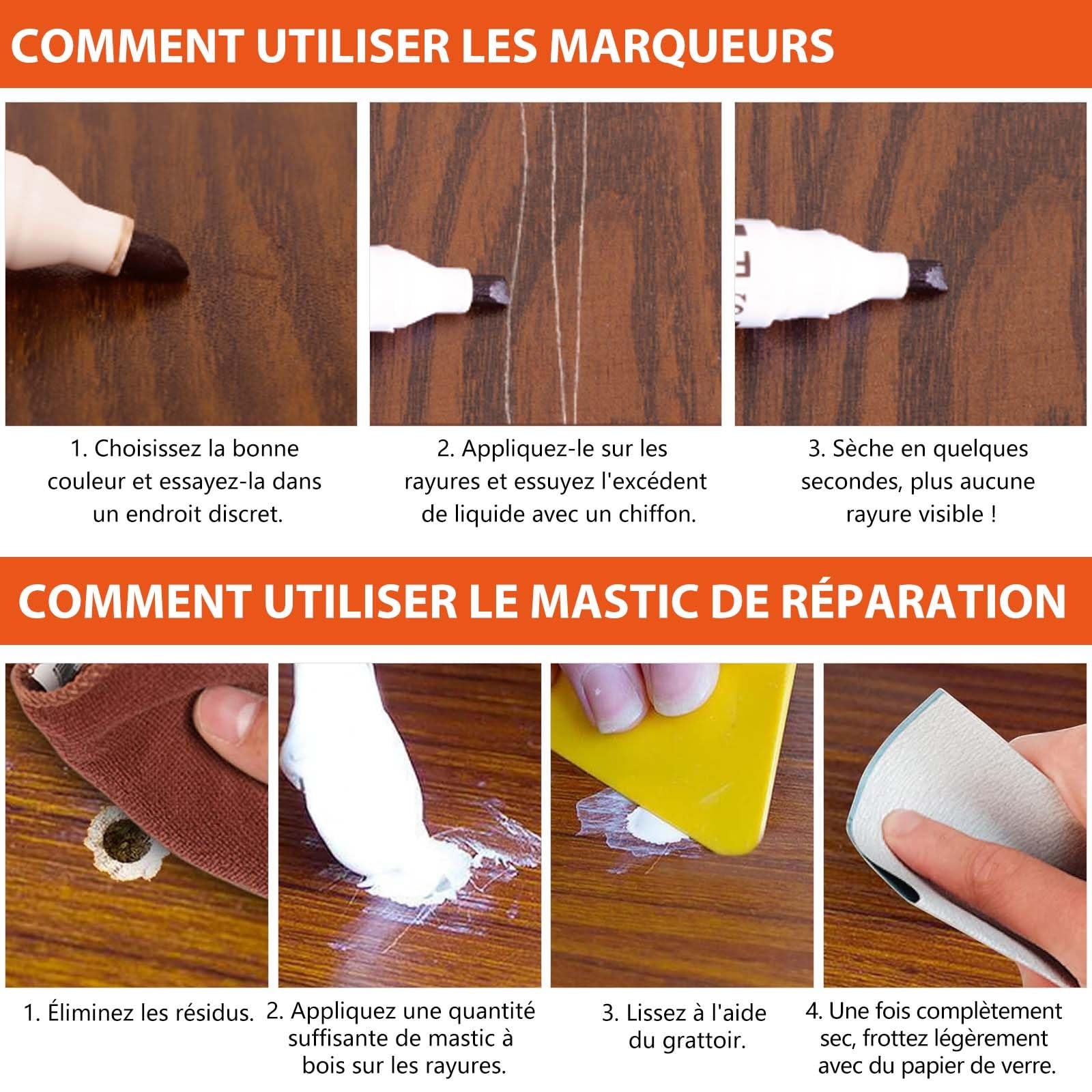 Kit Reparation Parquet, 40 Pièces Kit de Réparation de Meubles en Bois, Marqueurs de Retouche, Mastic à Bois Reparation Fissures, Rayures, pour Stratifié, Table, Porte