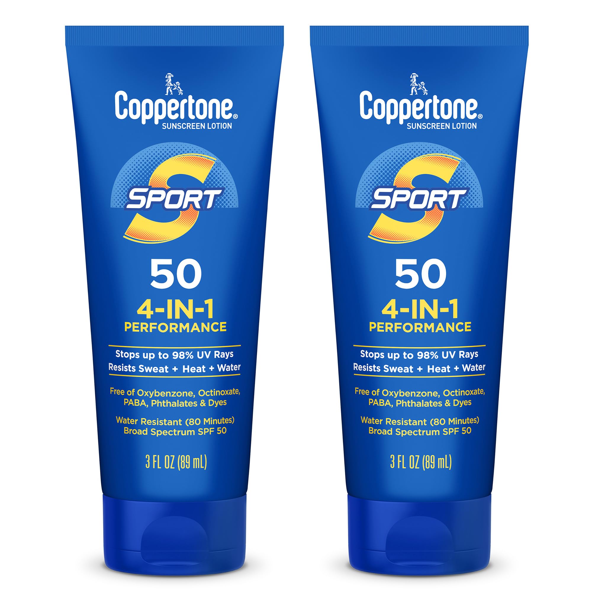 Coppertone SPORT Sunscreen SPF 50 Lotion, Water Resistant, Body Sunscreen Lotion, Travel Size, 3 Fl Oz (Pack of 2)