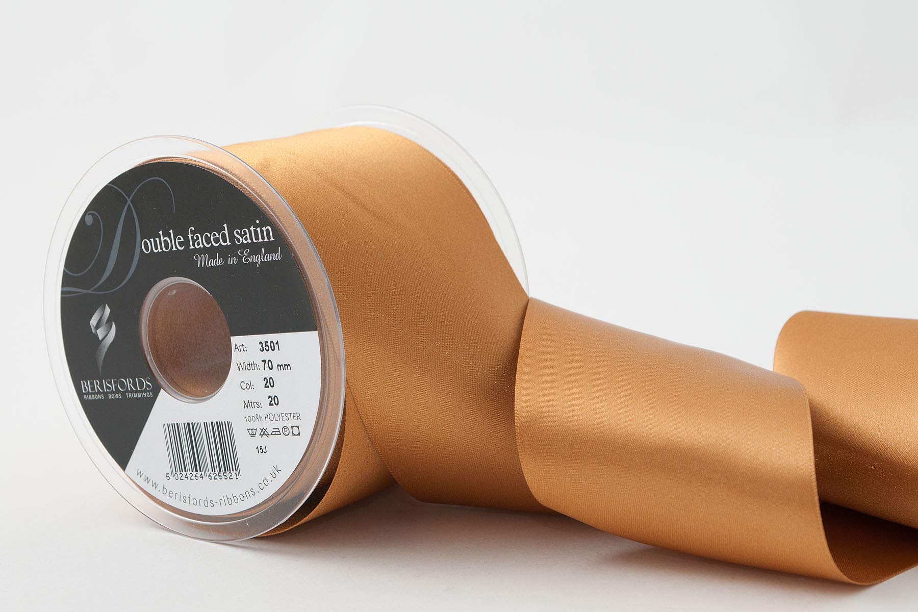 Berisfords Double Faced Satin Ribbon, Old Gold, 70 mm Width, 20 metre Length