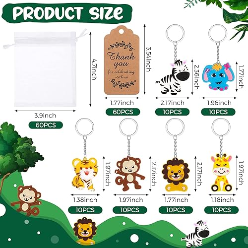 Miniatura 3 de Juego de 180 llaveros de animales de la selva, recuerdos de fiesta de animales de safari con 60 llaveros de animales, 60 etiquetas de papel kraft de