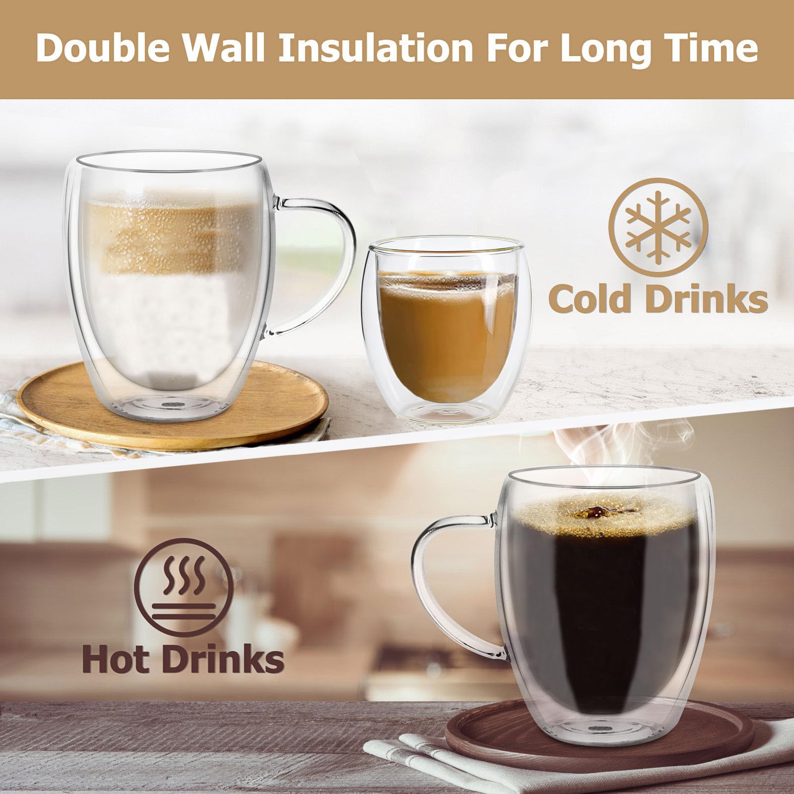8 bicchieri per latte macchiato con manico, 4 bicchieri da caffè a doppia parete da 350 ml e 4 bicchieri da caffè/tè da 80 ml, mantengono caldi a lungo, perfetti per latte, cappuccino, americano, tè e