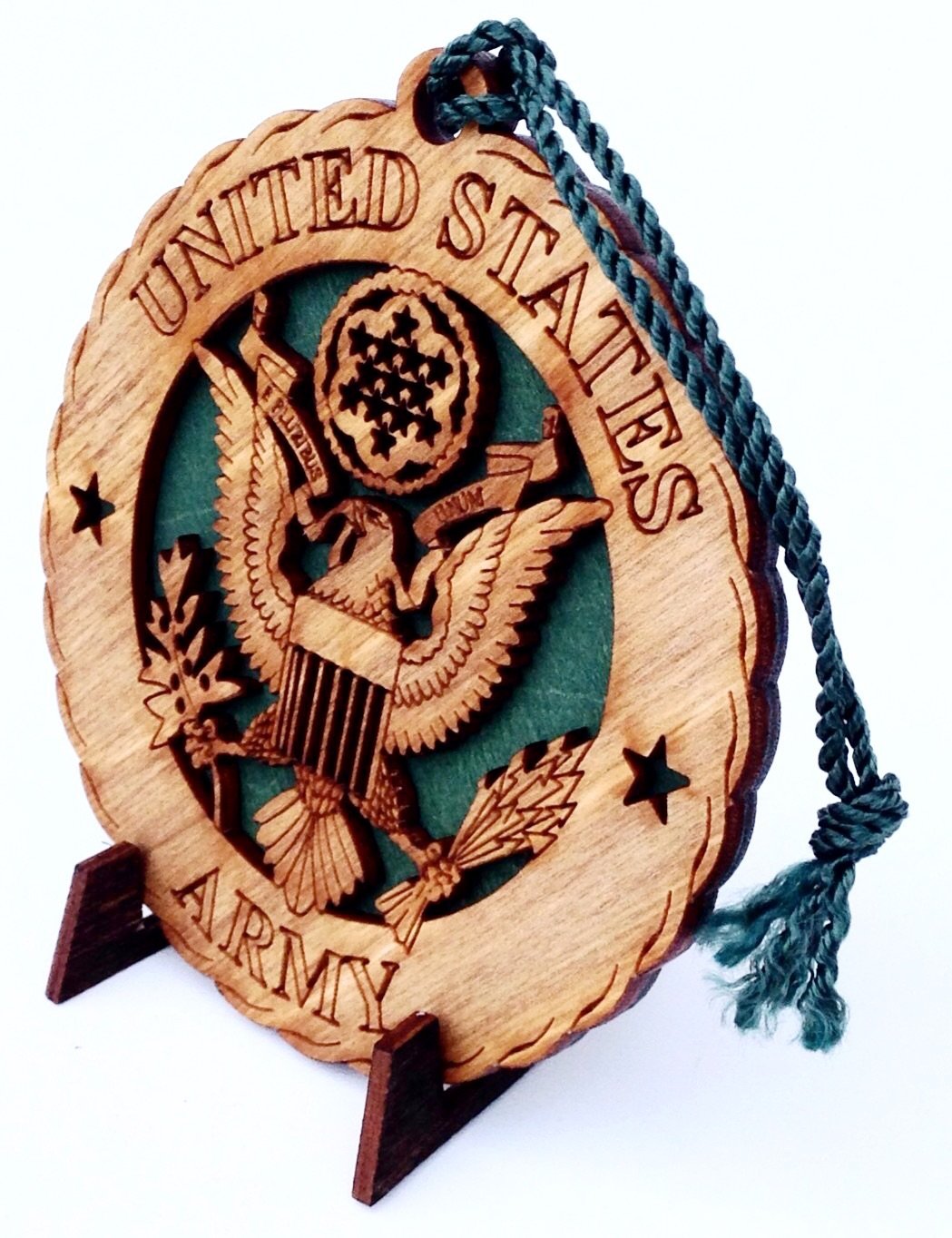 Unique Decorative Custom Laser Crafted Three Dimensional Hanging Wooden Ornament with Display Stand & Velvet Pouch - Army