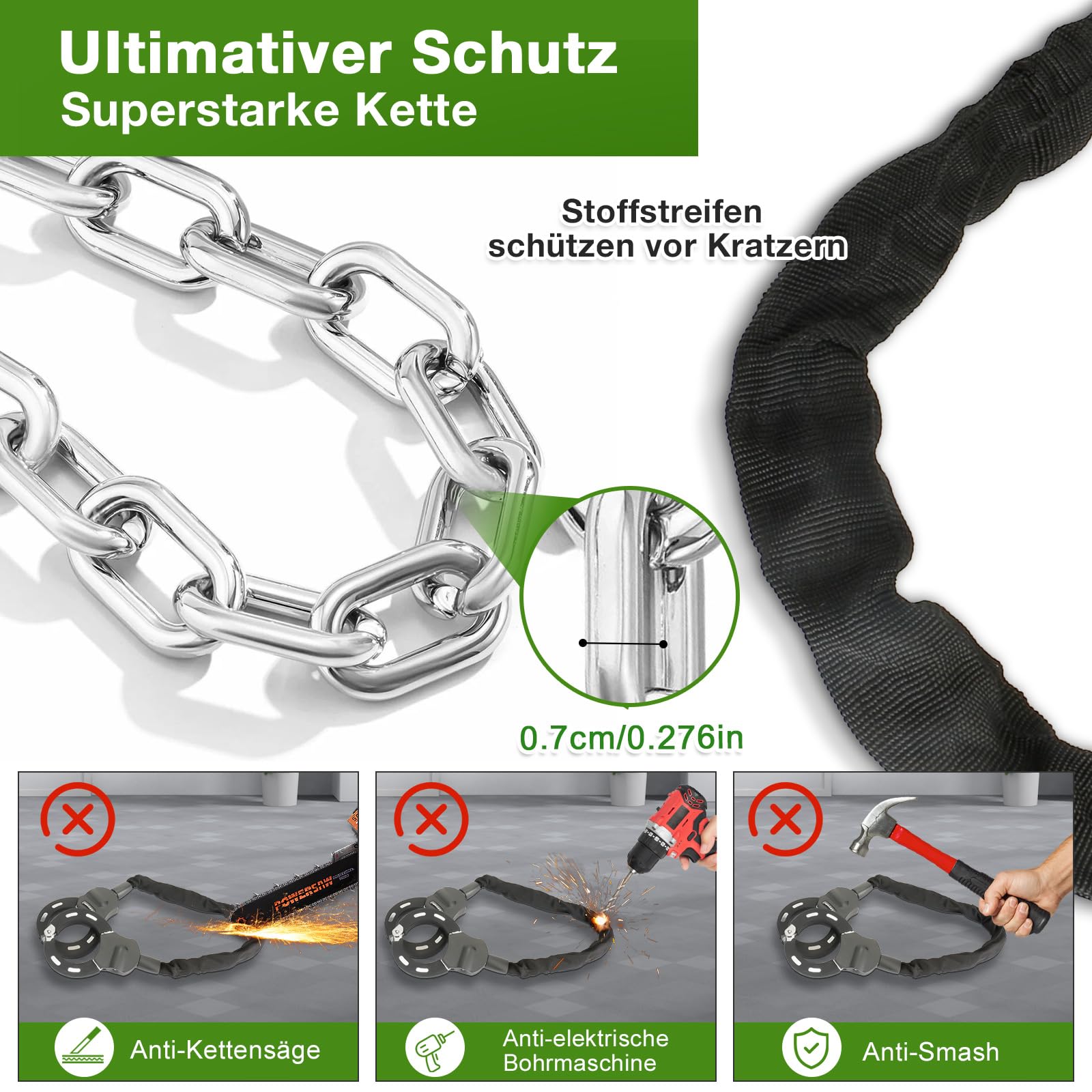 Antivol Trottinette électrique – Chaîne 92 Cm, Acier Renforcé 8 Mm | Poids 1,5 Kg, Réglage 3 Niveaux, Protection Silicone – Pour Vélo, Scooter, Moto