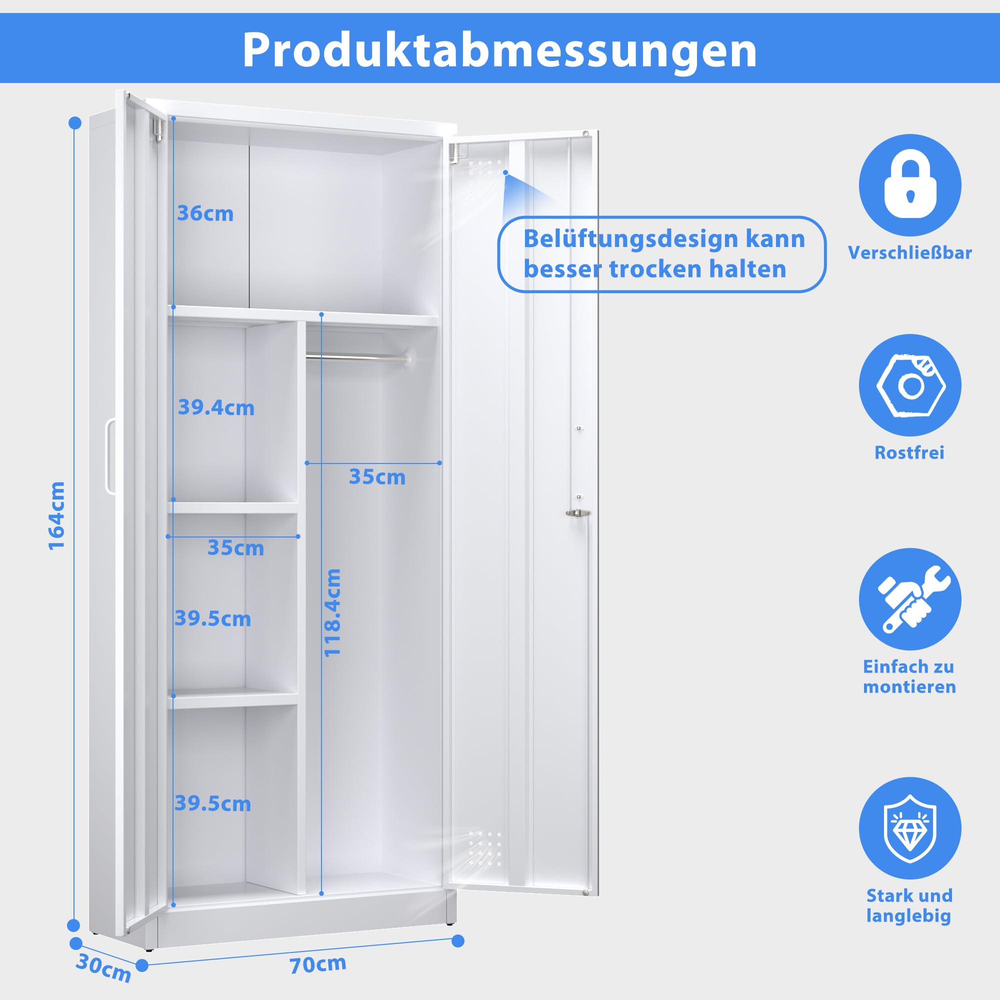 SUPEER Besenschrank mit Belüftung & Magnetverschluss,Mehrzweckschrank,Stabiler Stahlschrank für Staubsauger, Putzmittel, Wäsche und Haushaltszubehör|70x30x165 cm|Weiß