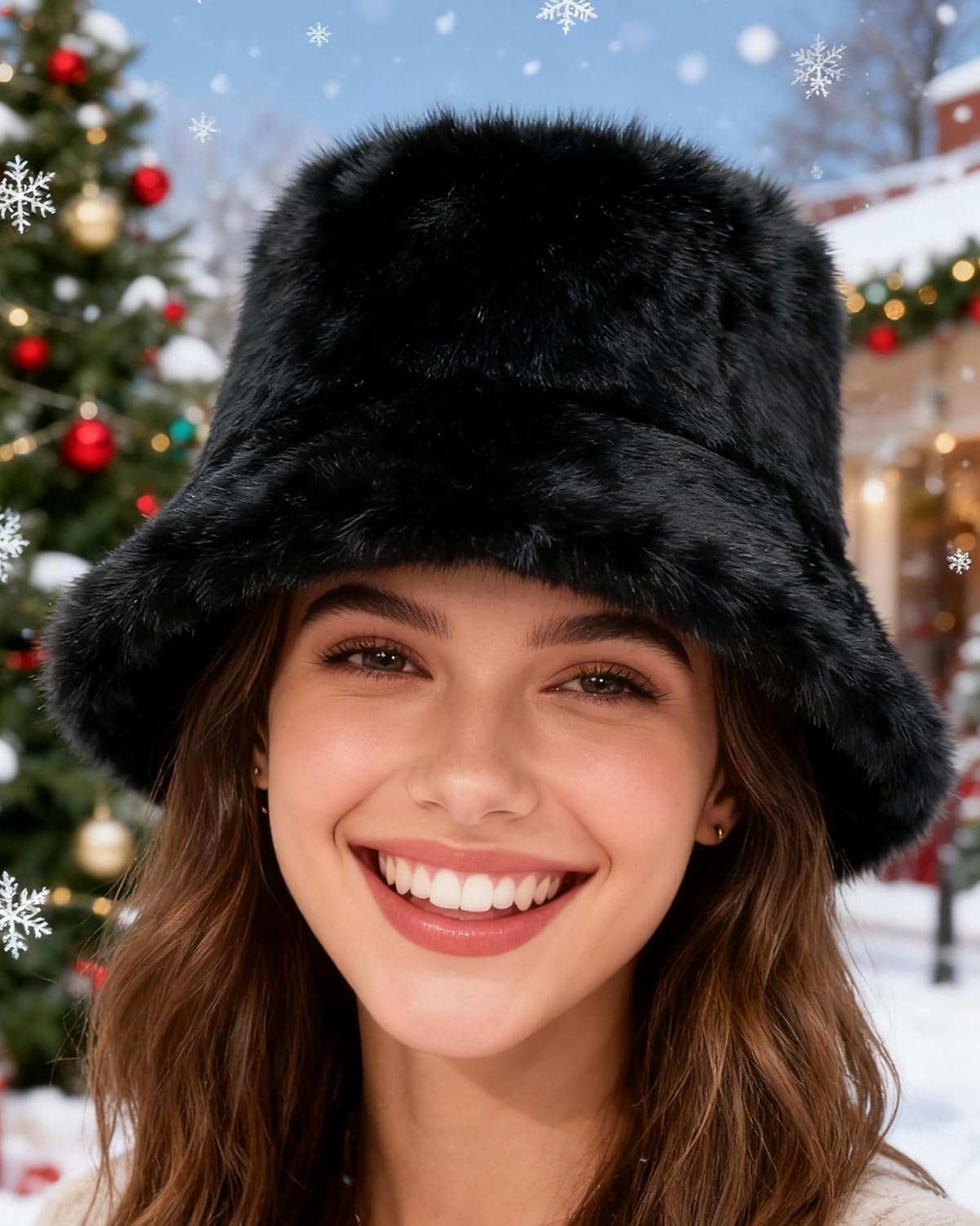 Dolkoic Winter Faux Fur Bucket Hats for Adults Fuzzy Warm Hat Woman Men Fisherman Cap for Christmas New Year Halloween Trips Sports Skiing Black - Image 8