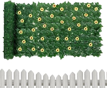 Artificial Privacy Fence Screen | 1x3m Expandable Artificial Greenery Grass Panels,Fake Hedge with 96 Sunflowers, Plant Vine Decorative Gate Covering for Outdoor Indoor Patio