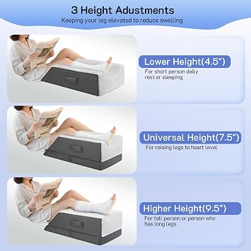 Leg Elevation Pillow, Height Adjustable Leg Elevating Pillow for Swollen Feet, After Surgery, Injuries, Sleeping, Cooling Memory Foam Ankle Knee Support Raiser Pillows with 3 Height for Bed
