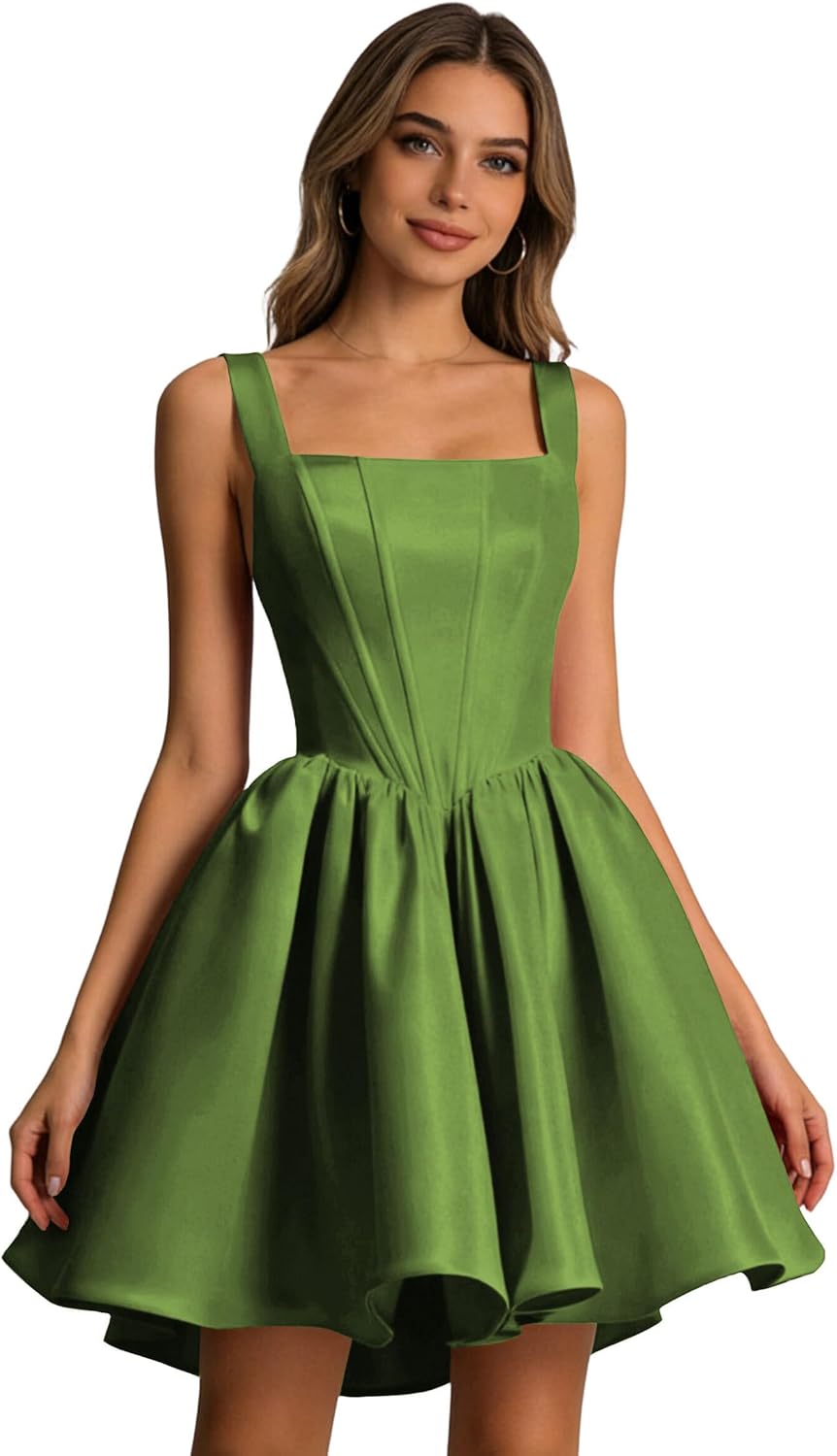 Women's Satin Square Neck Homecoming Dress 2026 Short A Line Corset Back Prom Cocktail Party Gown H002