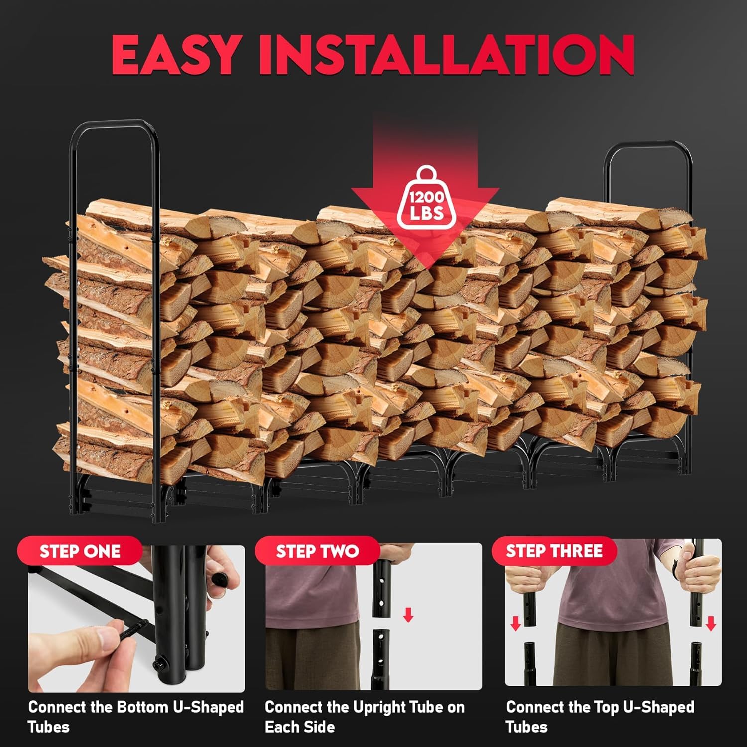 Zettum Leñero de Metal para Exterior 121 x 35 x 121 CM, Leñero con Tapa Revestimiento de PU 600D, Ayuda de apilamiento Impermeable para leña, refugio para leña para jardín y Terraza