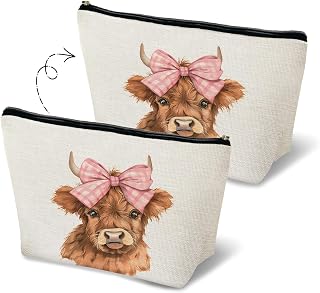 Coquette Highland Cow Gifts Makeup Bag, Cute Highland Cow Bow Gifts for Women Cosmetic Bag Travel Toiletry Bag, Funny Zipper Makeup Pouch
