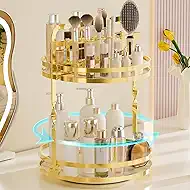 360 Rotating Makeup Organizer Vanity, Gold Perfume Organizer for Dresser, 2 Tier Bathroom Organizer Countertop, Lazy Susan Spinning Perfume Stand for Women, Skincare Storage with Brush Holder