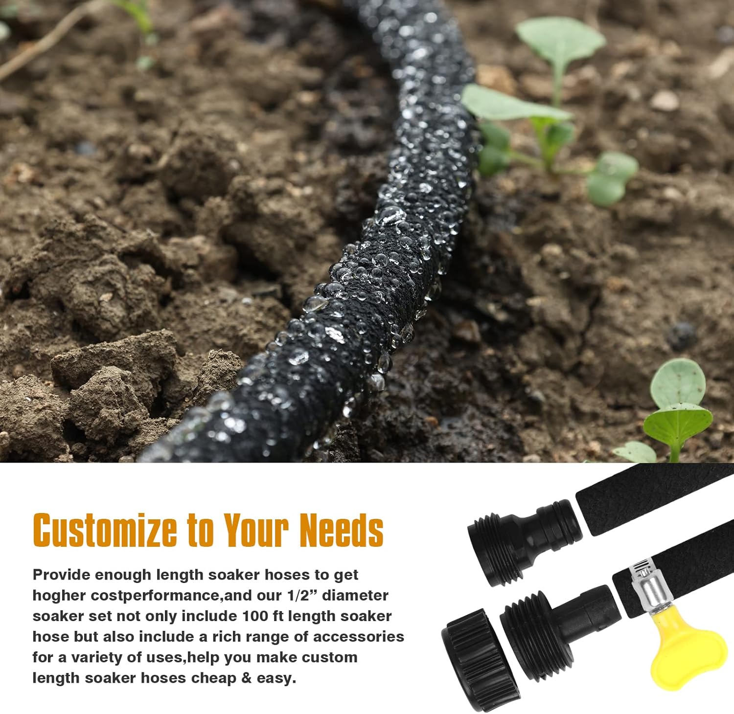 Soaker Hose 150ft for Garden Beds Solid Brass Interface Irrigation Save 70% Water Heavy Duty Rubber 1/2" Diameter Great for gardens/flower beds Accessories Contain Various Connections