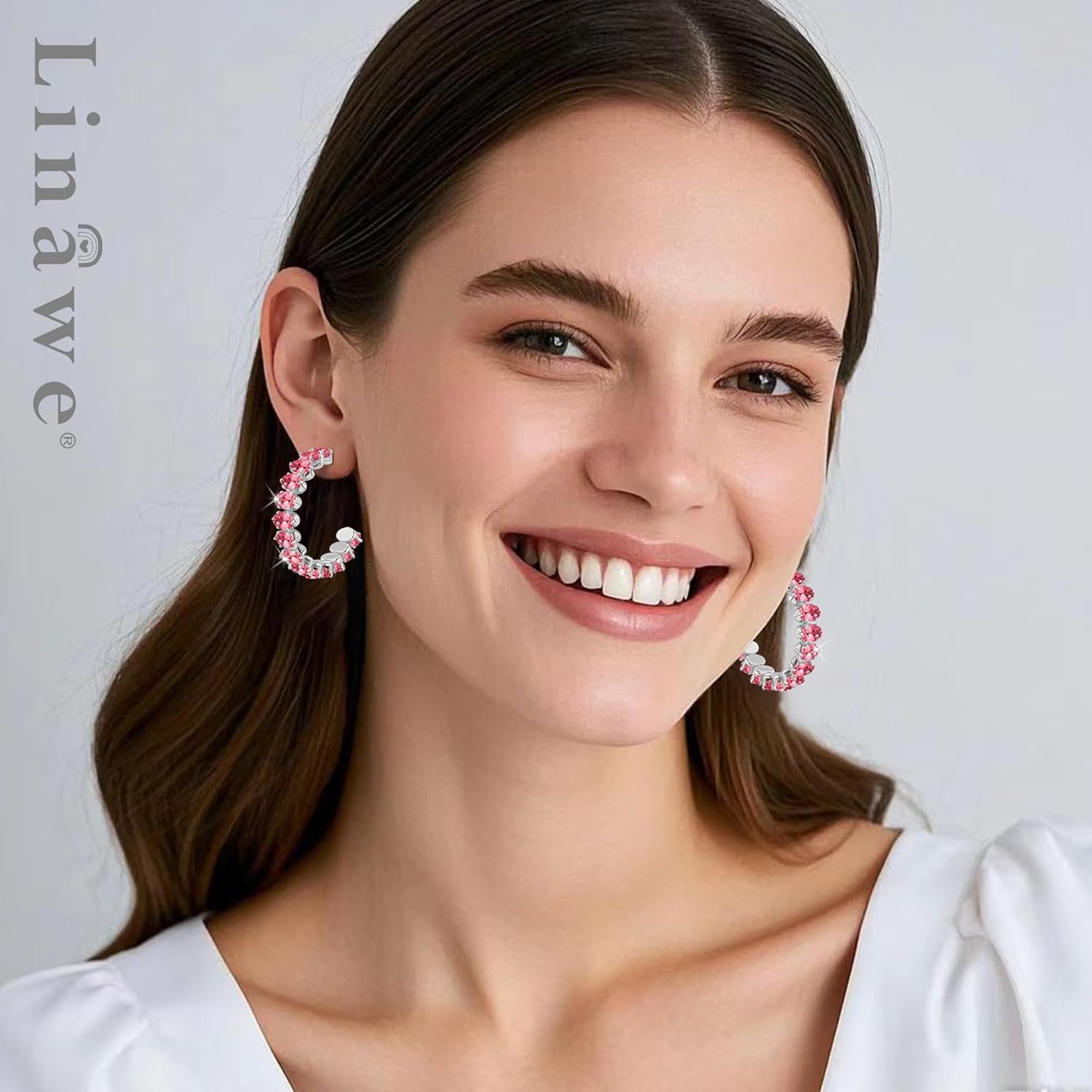 Linawe Hypoallergenic Stainless Steel Chunky Hoop Earrings for Women, Gold/Silver Tones, Birthstone Rhinestone Imitation Diamond Crystal Cubic Zirconia Large Half Hoop Earrings - Image 3