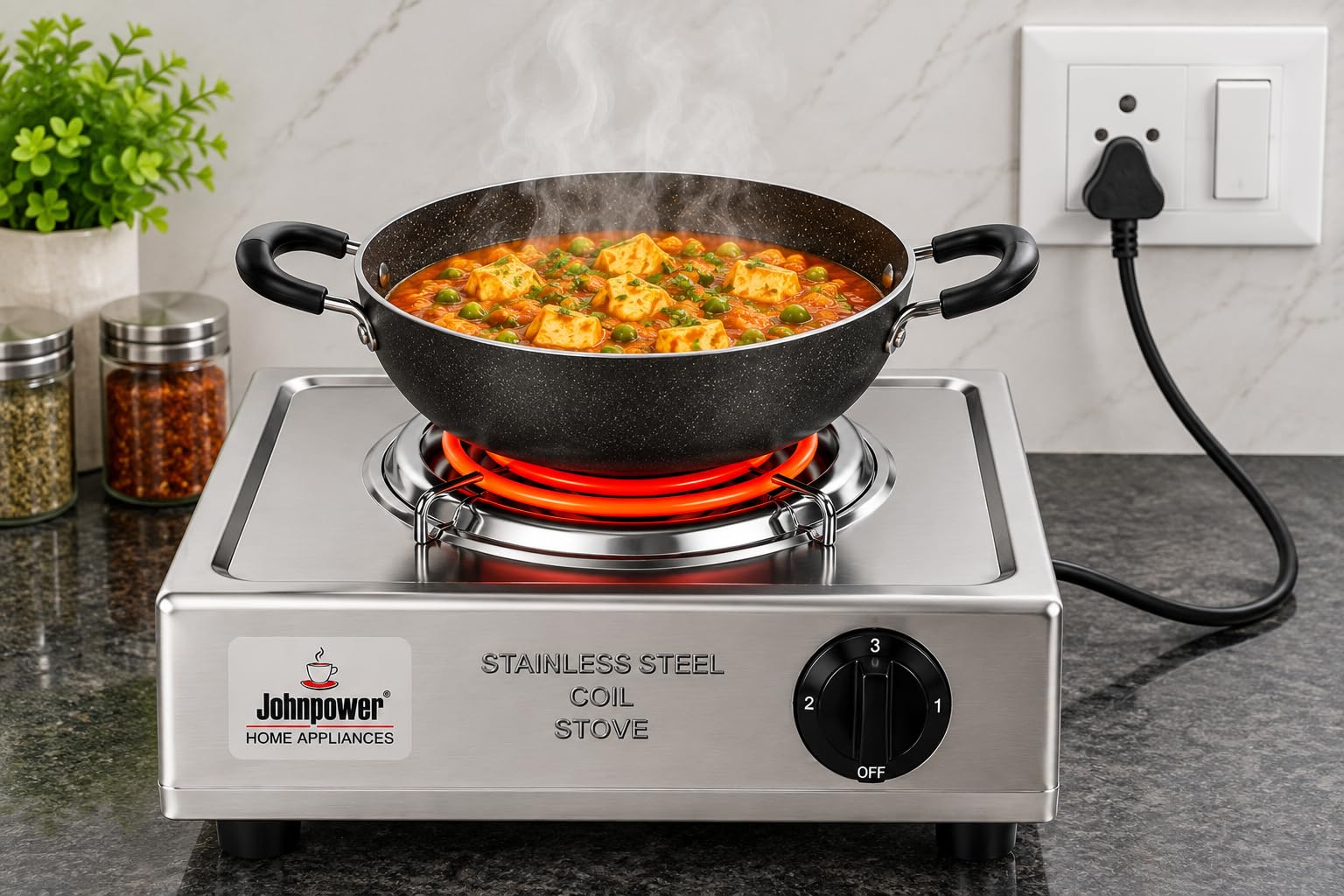 Johnpower Stainless Steel Electric Coil Stove, 2000W | 5-Level Temp Control, Overheat Protection, Portable Design, Even Heat Distribution, All Cookware Compatible-image-42