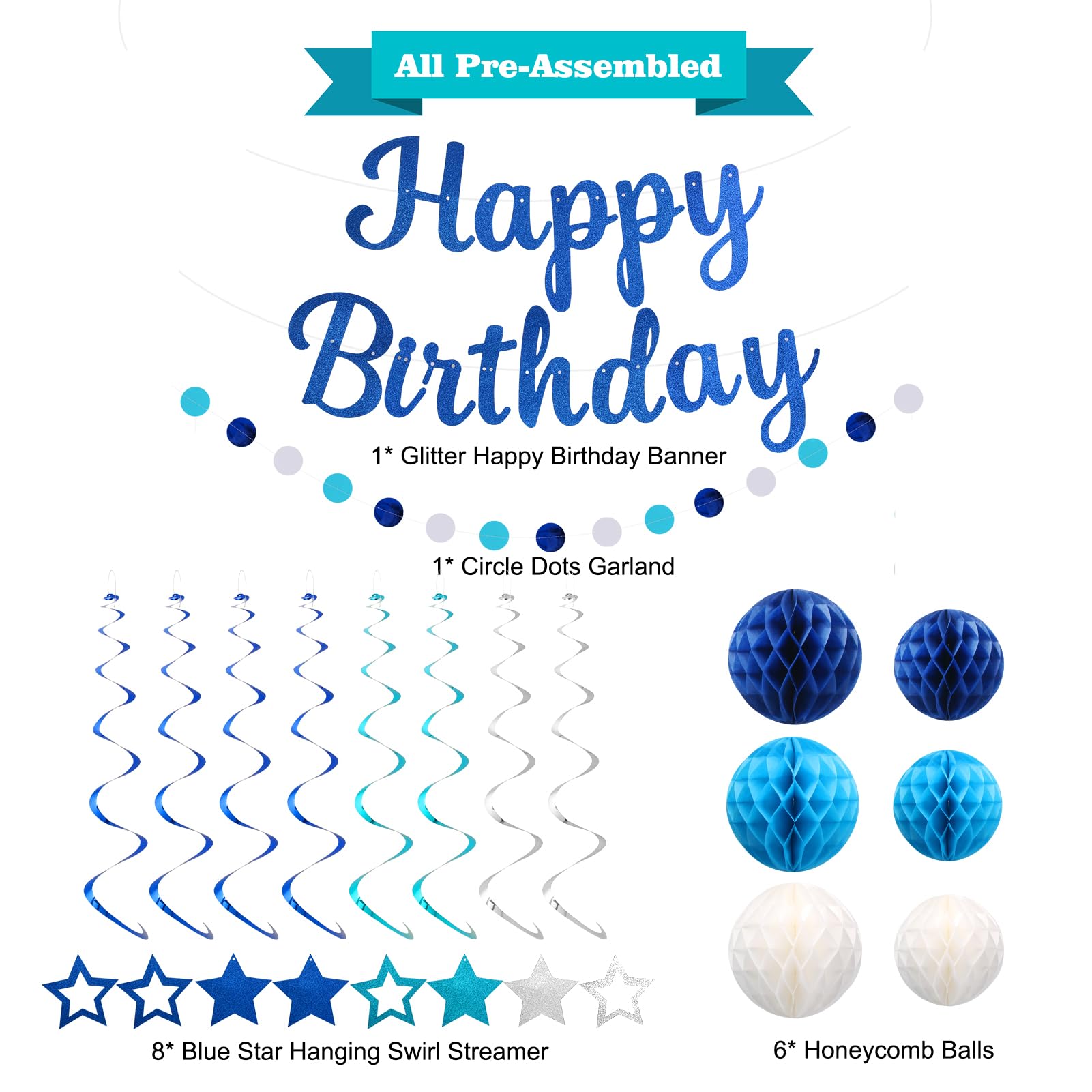 YEOCU Blue Birthday Decorations, NO DIY - Pre-Strung Happy Birthday Banner with Honeycomb Ball, Glitter Stars Hanging Swirl Streamers, Circle Dot Garland - Birthday Party Decorations for Men Boys
