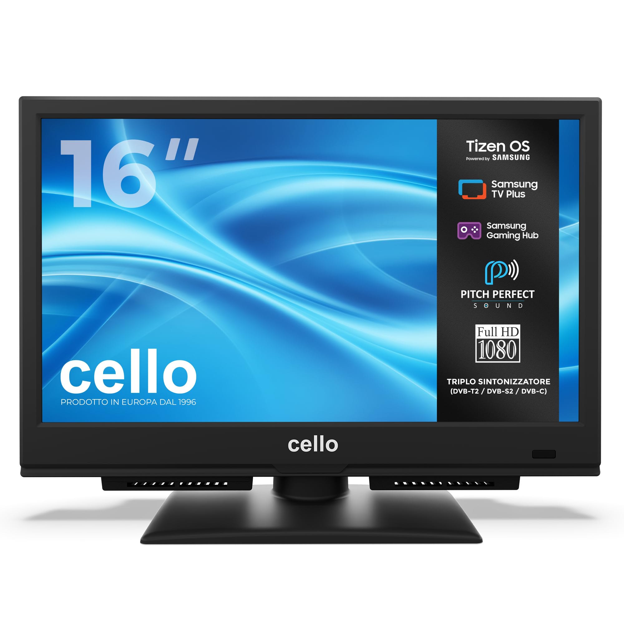 Cello C1626TZH Smart TV 16" con Tizen OS di Samsung, Bluetooth e audio Pitch Perfect, triplo sintonizzatore, TV compatta ideale per cucina, camera e piccoli spazi, alimentazione solo da rete elettrica