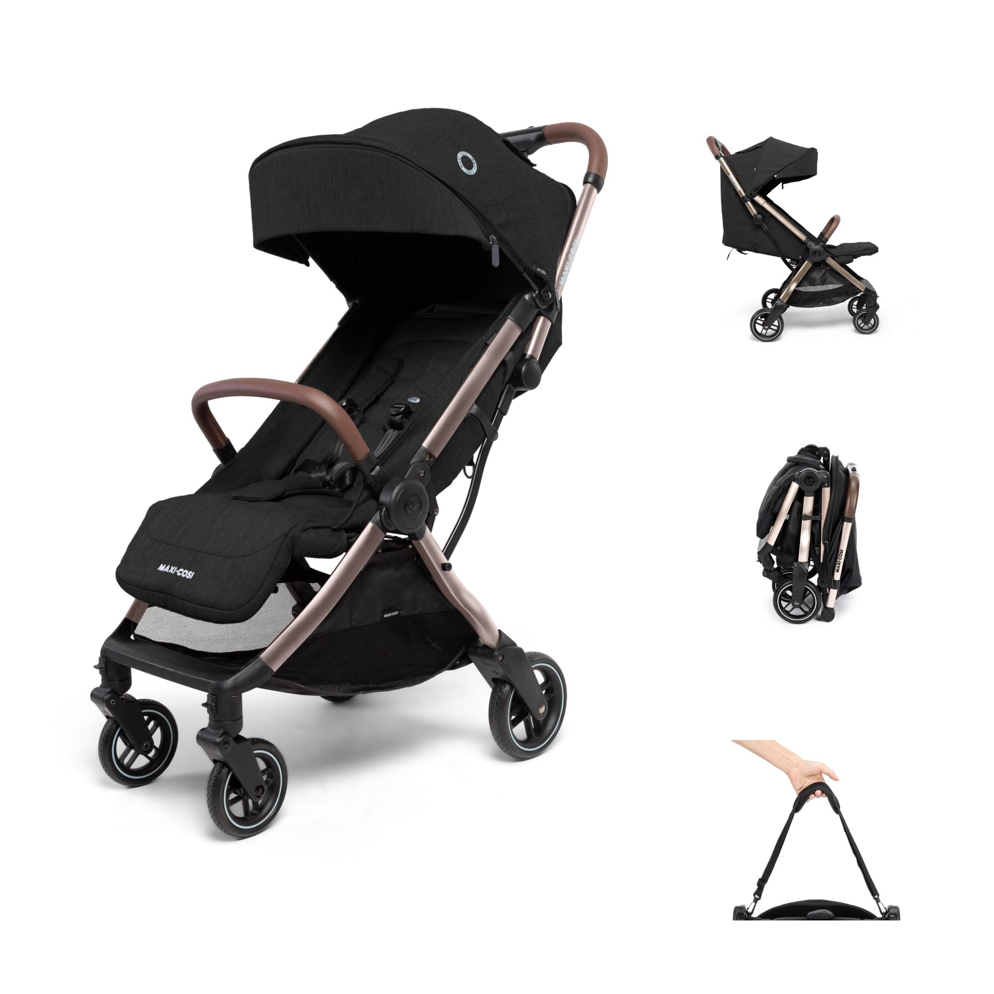 Maxi-Cosi Eva3 Kinderwagen 0–4 Jahre 0–22 kg Leicht Kompakt Flache Liegeposition 3 Liegepositionen Automatisch mit 1 Hand klappbar Essential Black Champagne