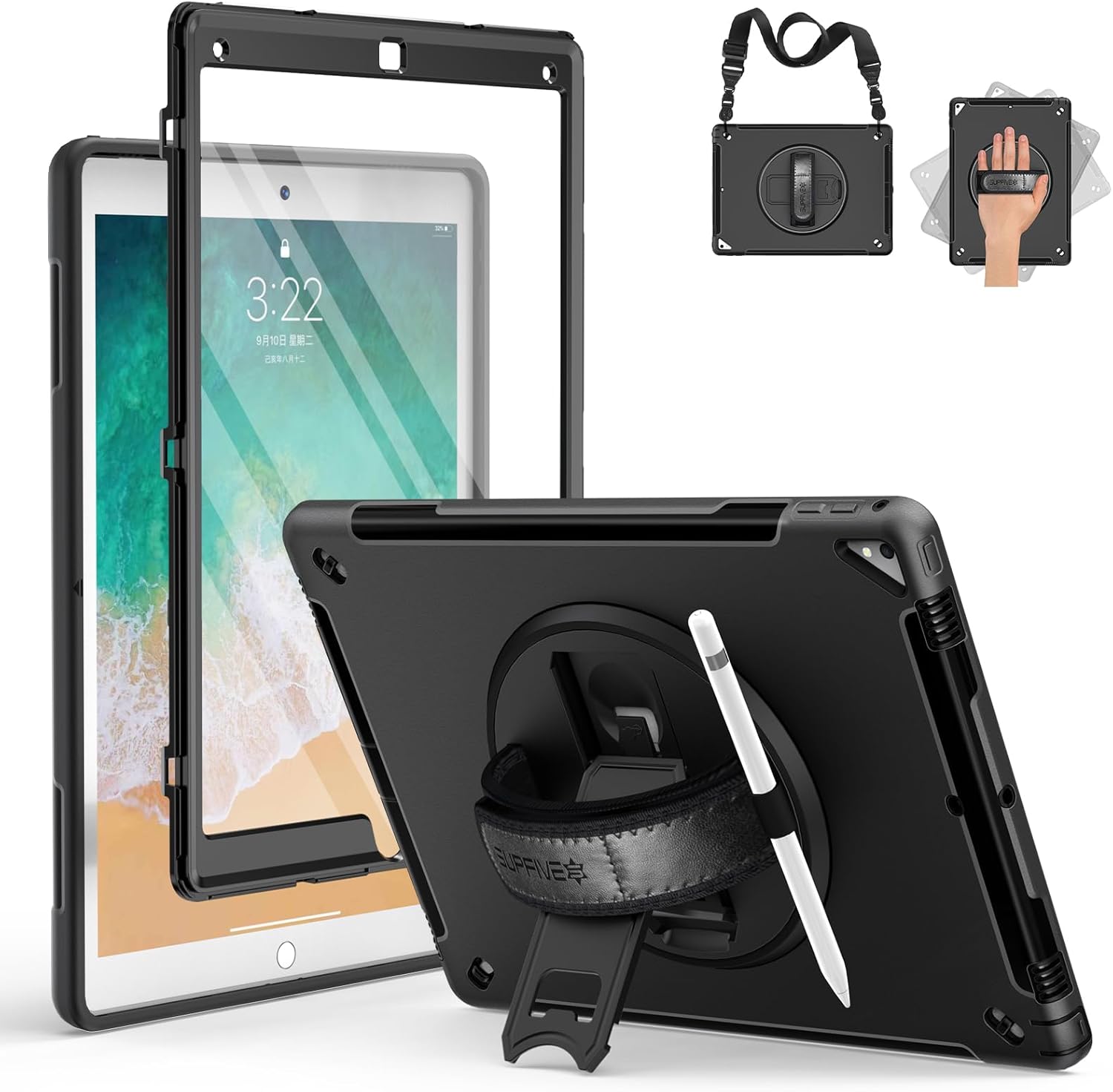 SUPFIVES Case iPad Pro 12.9 2015/2017: iPad 12.9 Inch 1st/ 2nd Generation Case Upgraded Military Grade Shockproof Silicone Protector with Pencil Holder+ Handle+ Shoulder Strap+ Rotating Stand, Black
