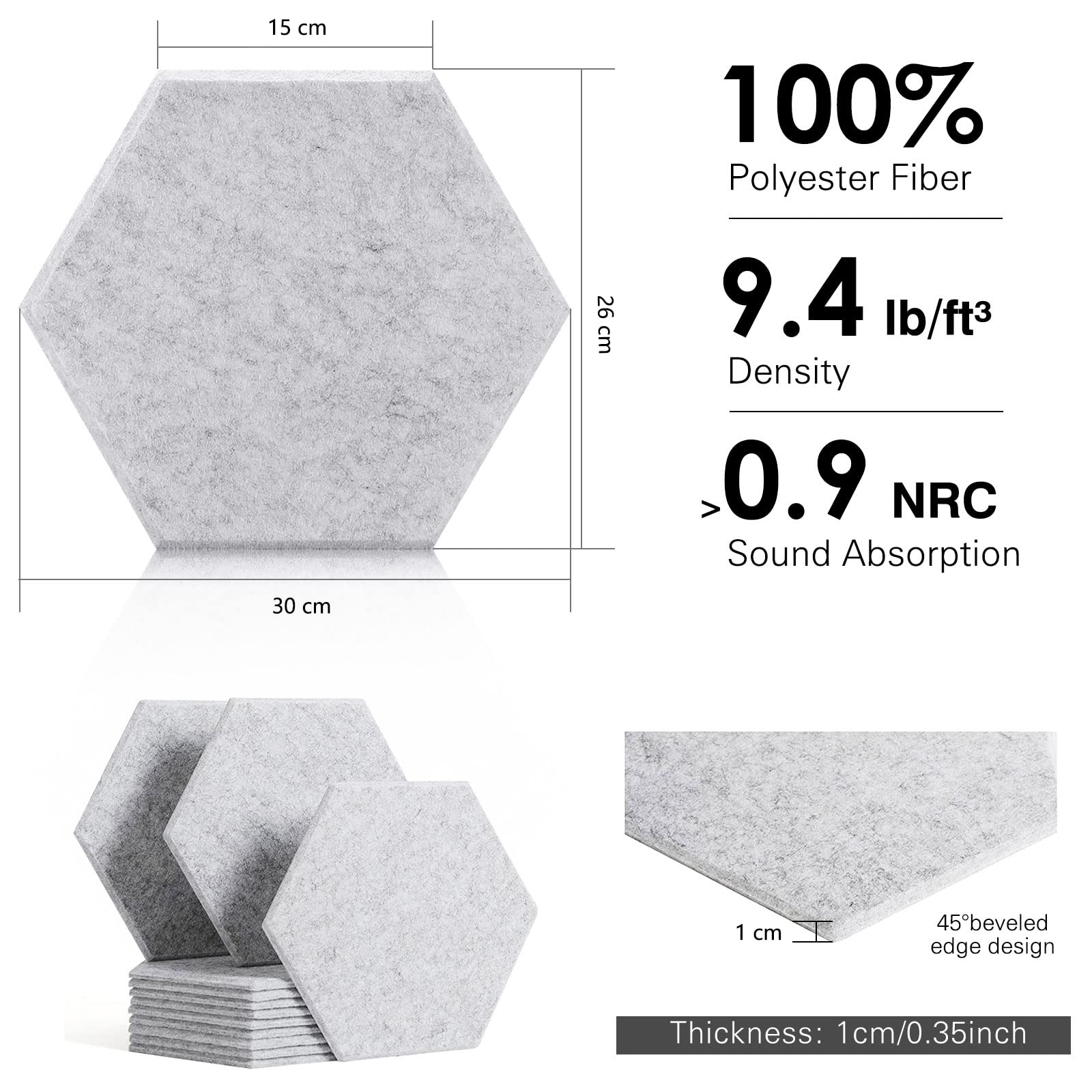 Pannelli Fonoassorbente Esagonale Autoadesiva, Deecam 30X26X1 CM Isolamento Acustico Alta Densità, Ignifugo/Isolamento Acustico/Decorazione, Decorazione e Trattamento Acustico Porta/Parete/Soffitto
