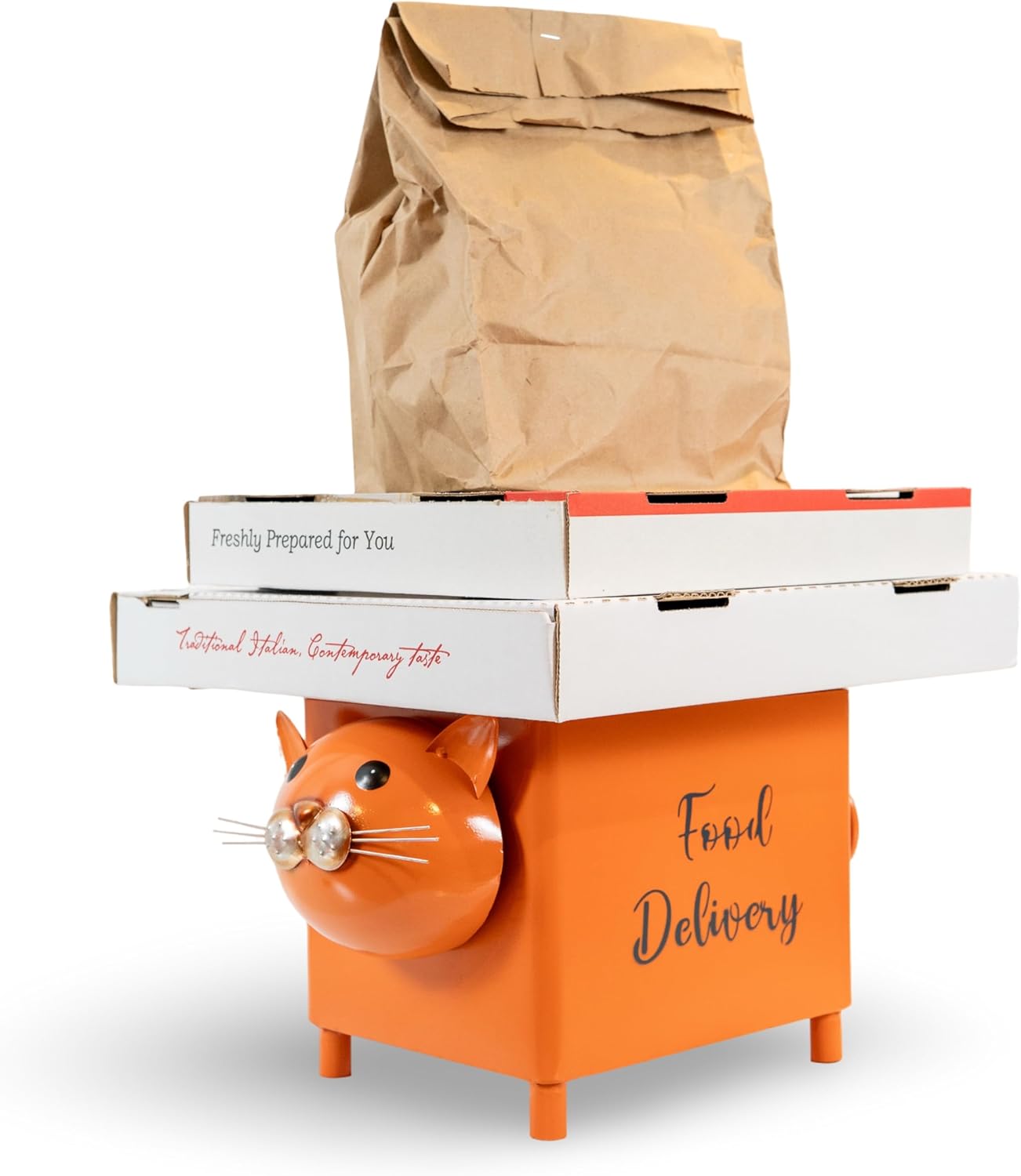 Made Easy Kit Elevated “Food Delivery” Drop Box – with Signage for Driver Clarity – Metal and Wood Stand for Takeout Orders – As Seen on the News – Outdoor Door & Porch Decor with Storage (Brown Dog)