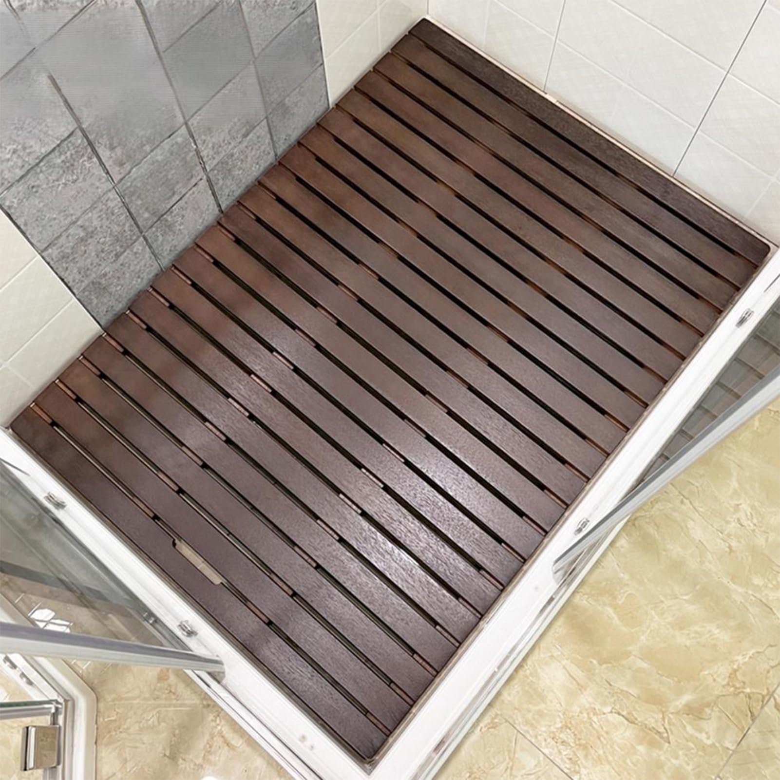 MESCXTY Large Teak Shower Floor Mat, Square Bath Mats for Non Slip With Drain HoleYard, Wooden Raised Comfortable Board, Spa, Sauna, Pool(Black,70x70cm/27.6x27.6in)